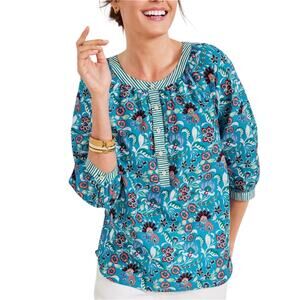 TALBOT Blue Band Collar Popover Jacobean Floral Womens Medium Petite 100% Cotton